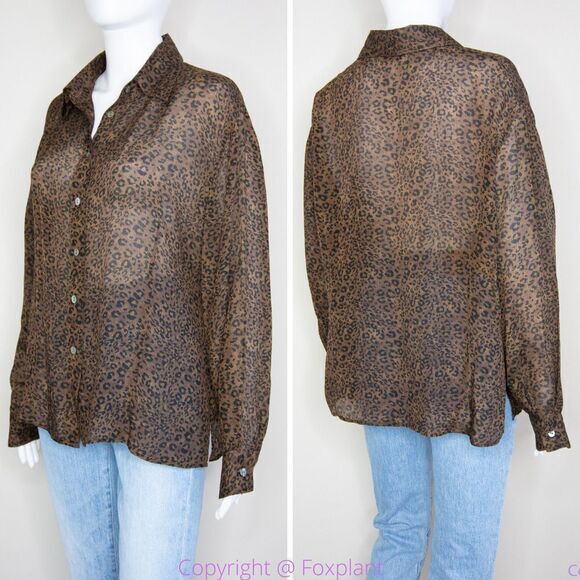 Silk Icon Collection 100% silk leopard animal print button down shirt,‎ size L - Picture 11 of 16